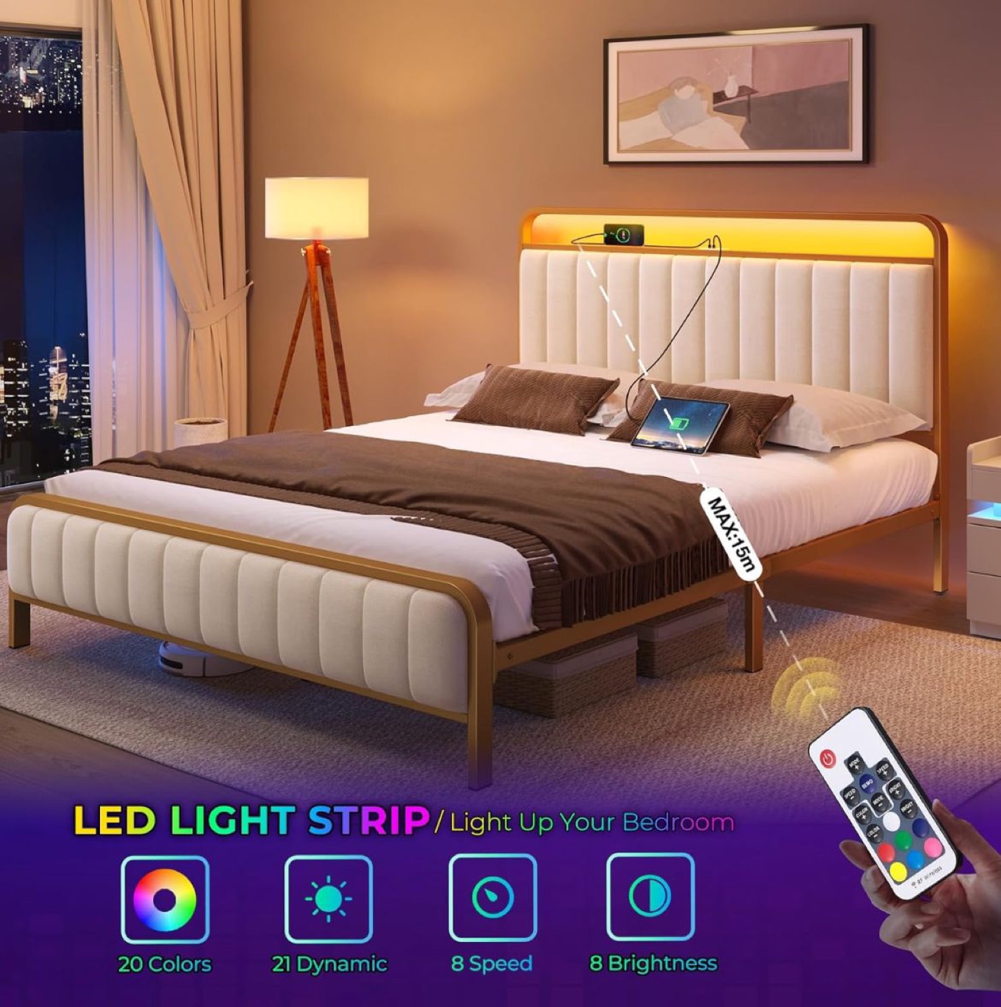 Full Size Metal Bed Frame with LED Headboard - photo 3