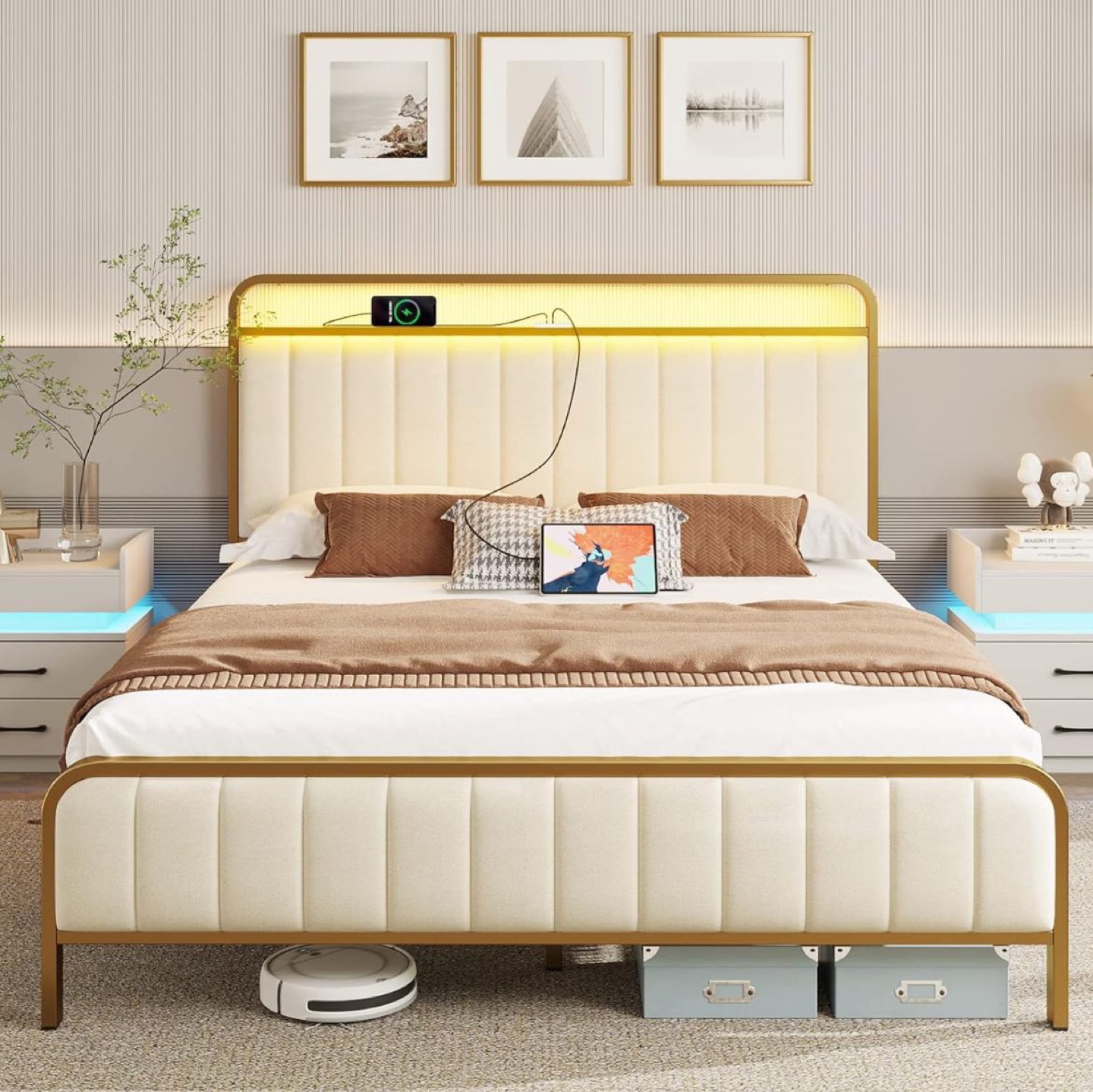 Full Size Metal Bed Frame with LED Headboard