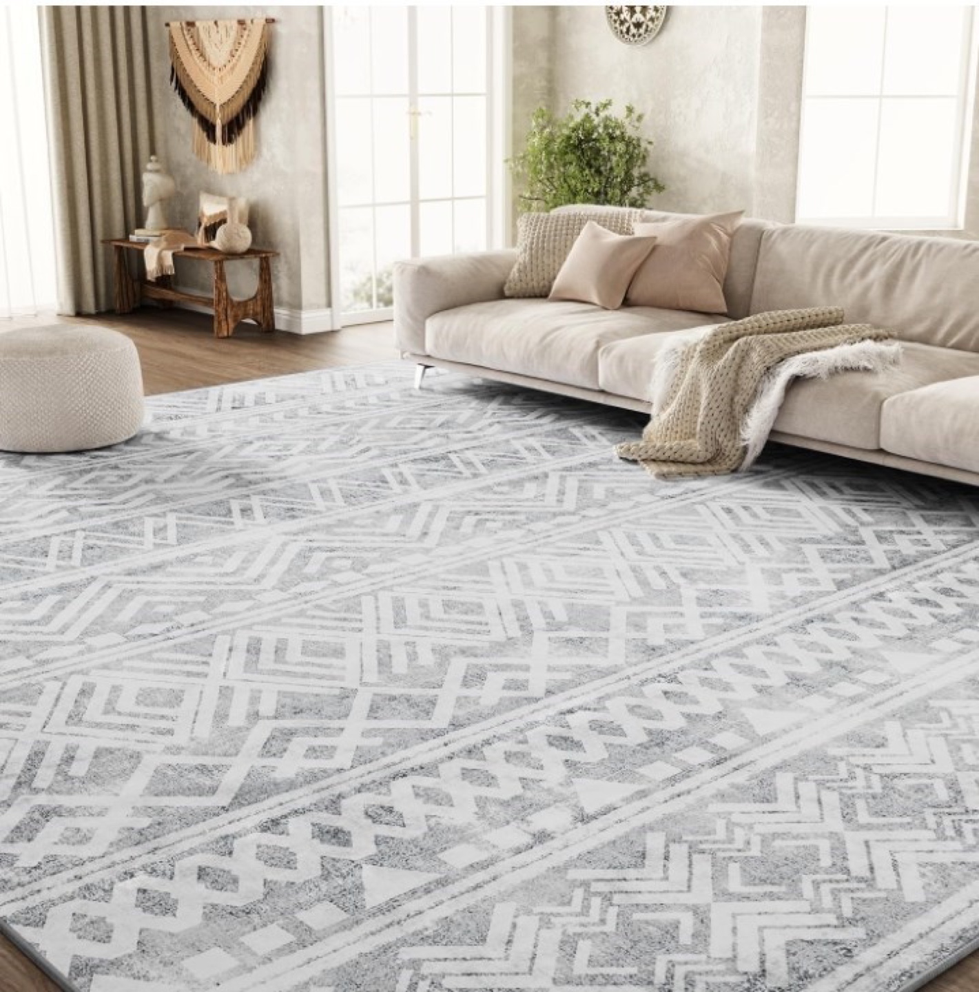 Grey and White Geometric Area Rug - 8x10 ft