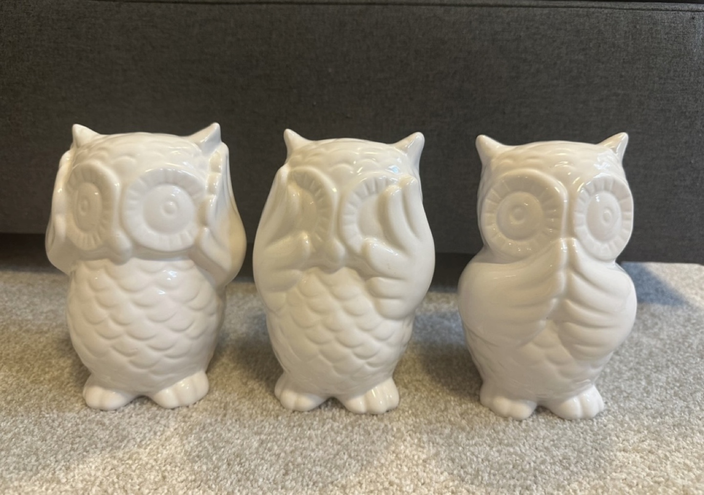 Three White Ceramic Owl Figurines