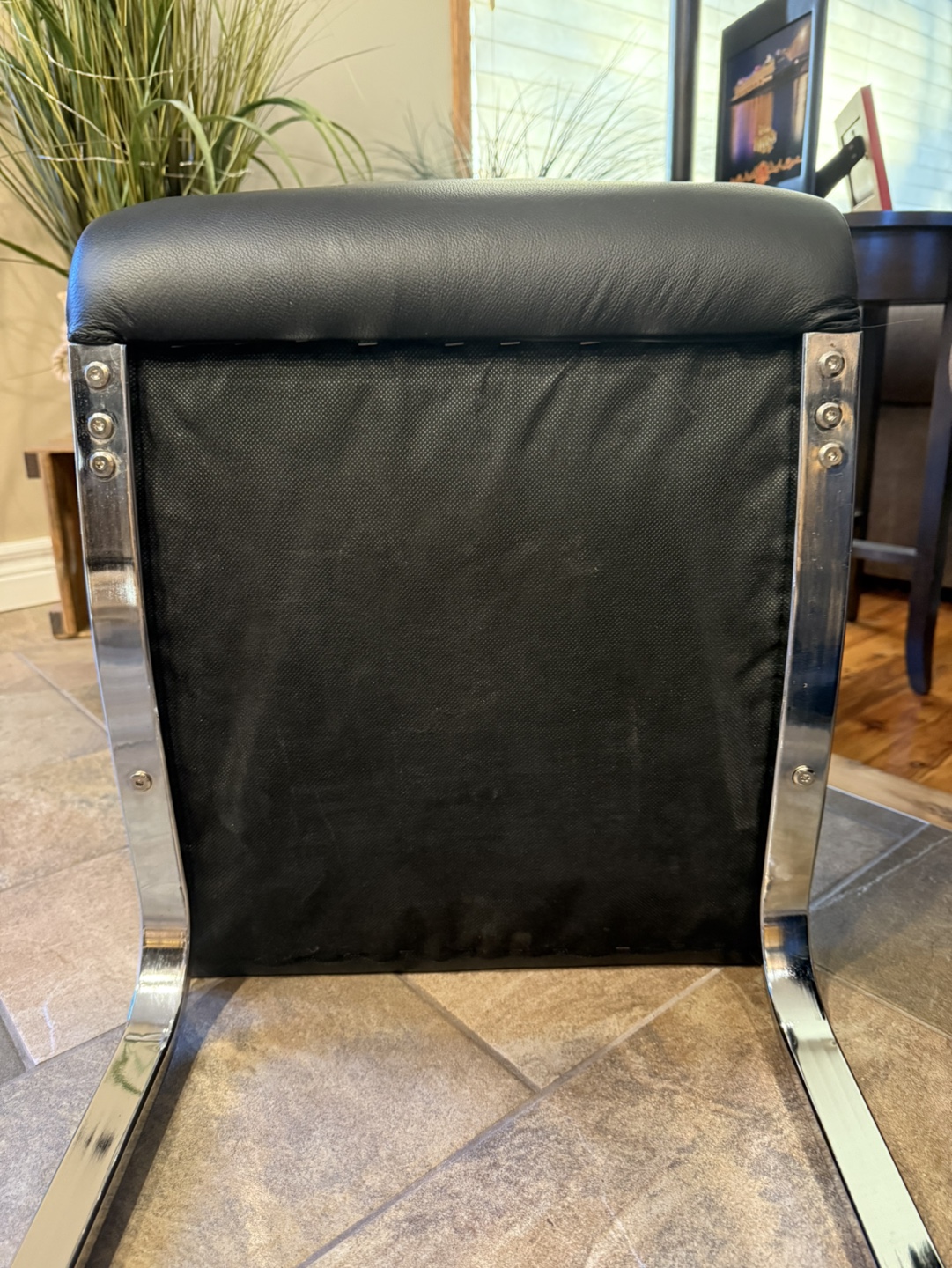 Pair of Black Leather Dining Chairs with Chrome Legs - photo 3