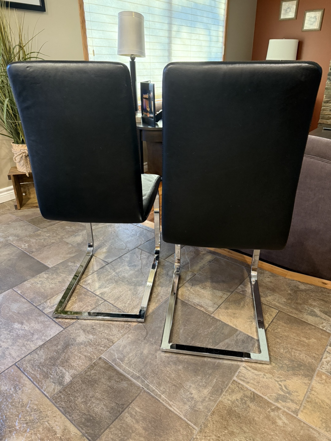 Pair of Black Leather Dining Chairs with Chrome Legs - photo 2