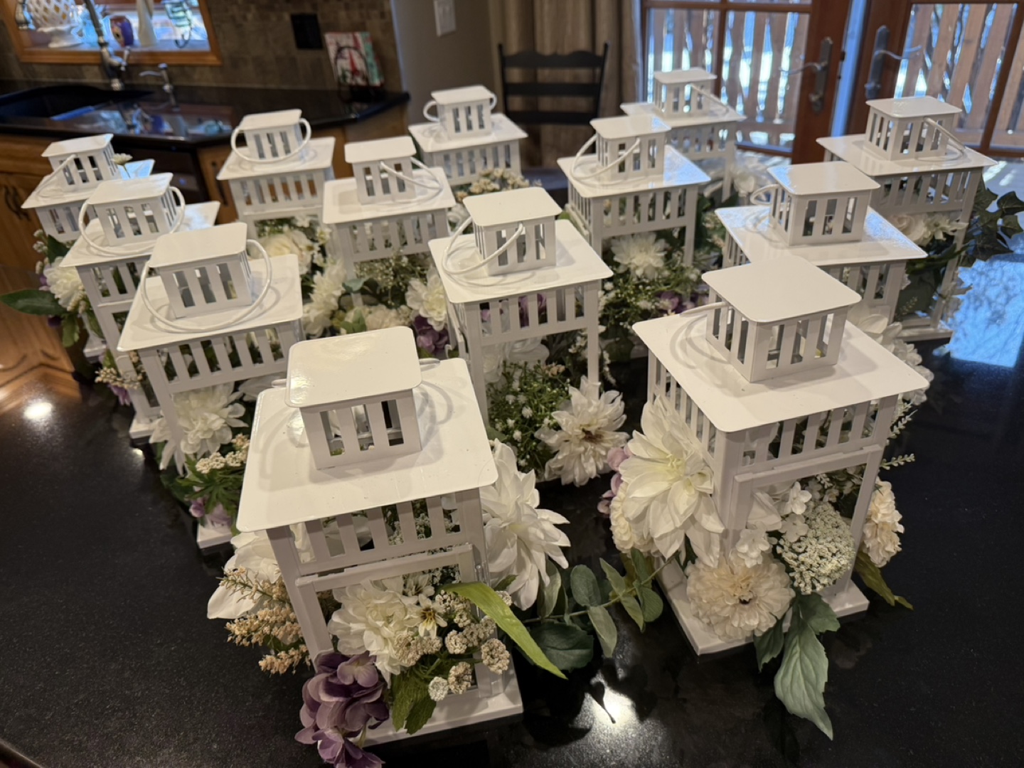 Set of 13 White Metal Lanterns with Artificial Flowers