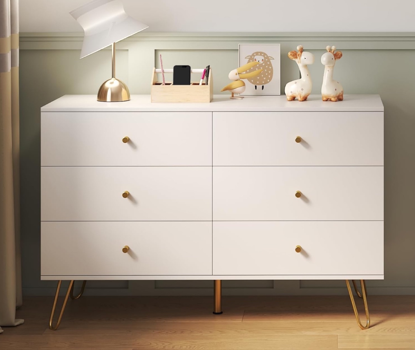 White 6-Drawer Dresser with Gold Legs