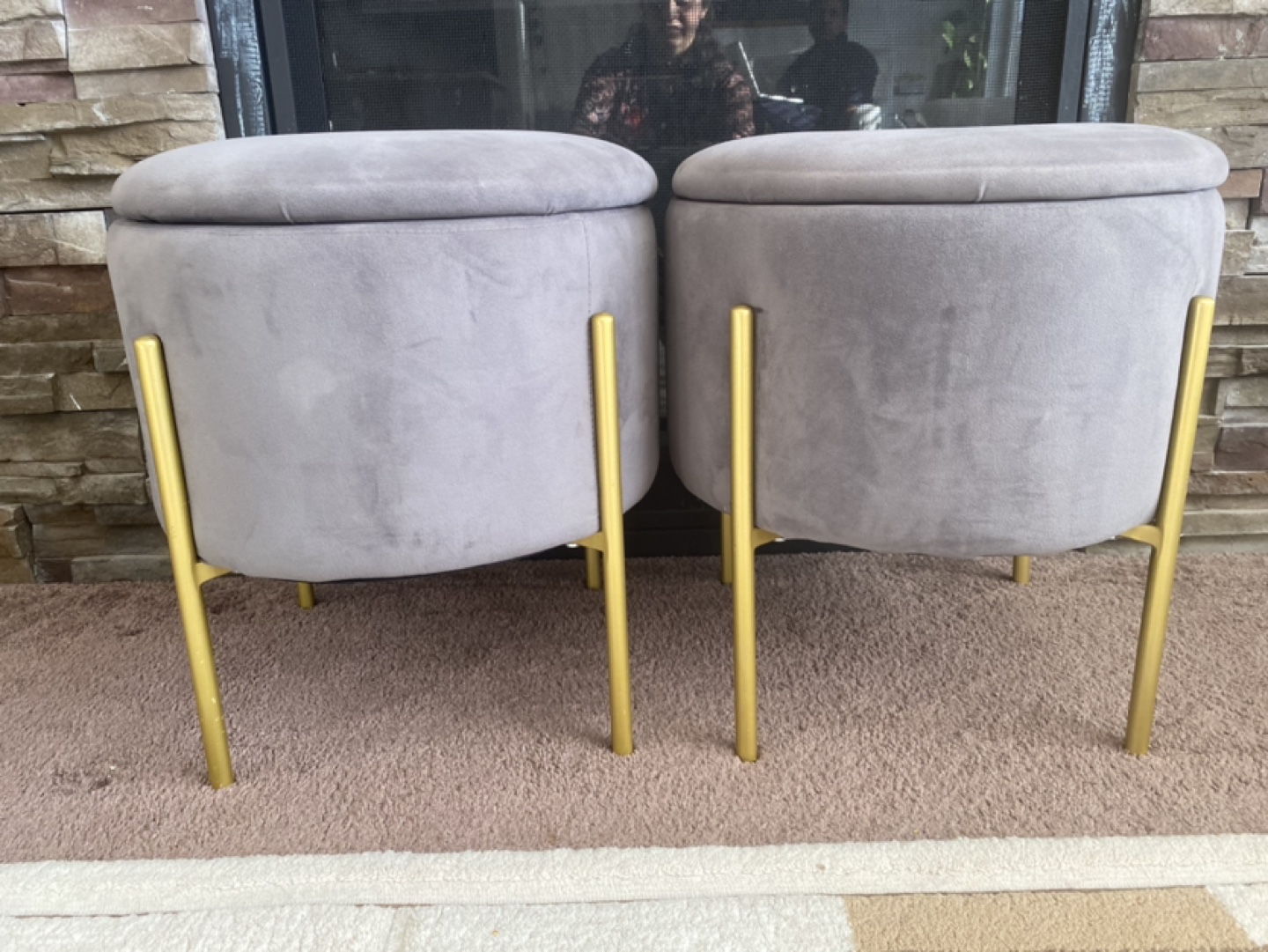 Pair of Grey Velvet Storage Ottomans with Gold Legs