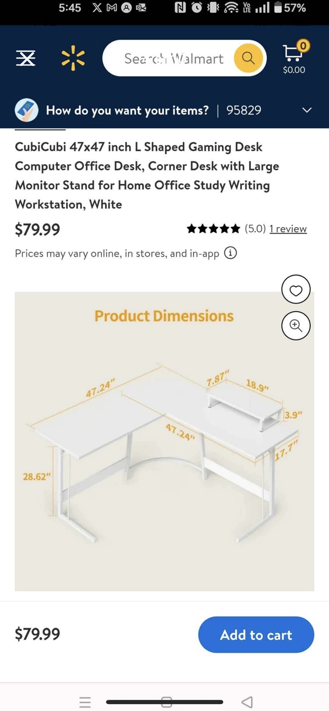 CubiCubi 47x47 inch L Shaped Gaming Desk - White