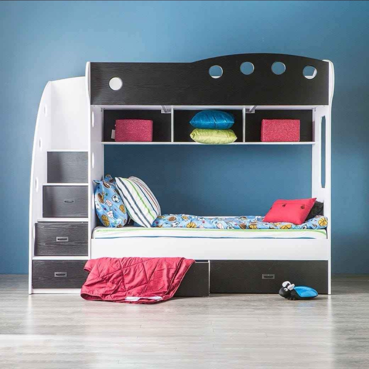 Kids Bunk Bed with Storage - Black and White