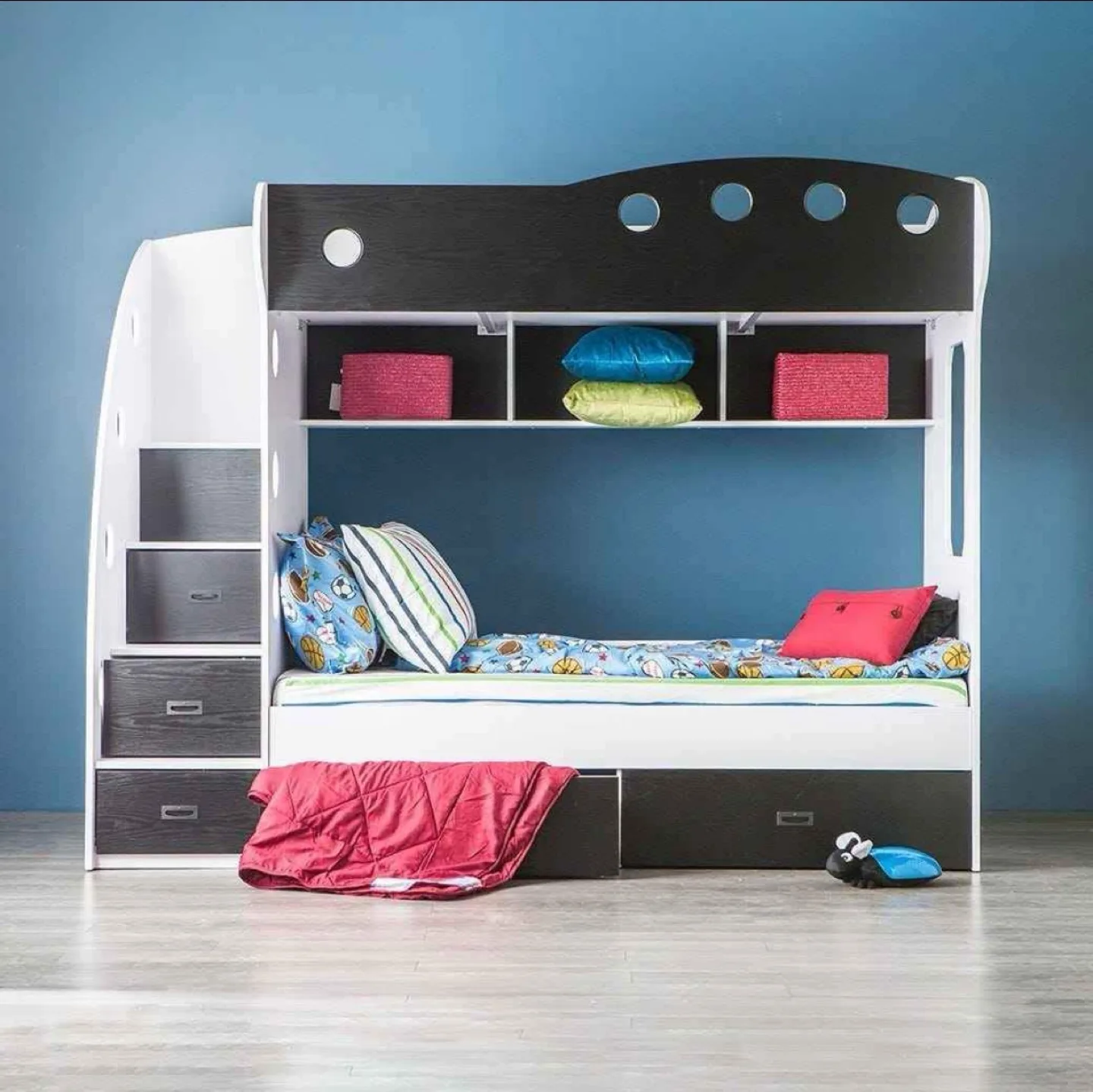 Kids Bunk Bed with Storage - Black and White thumbnail