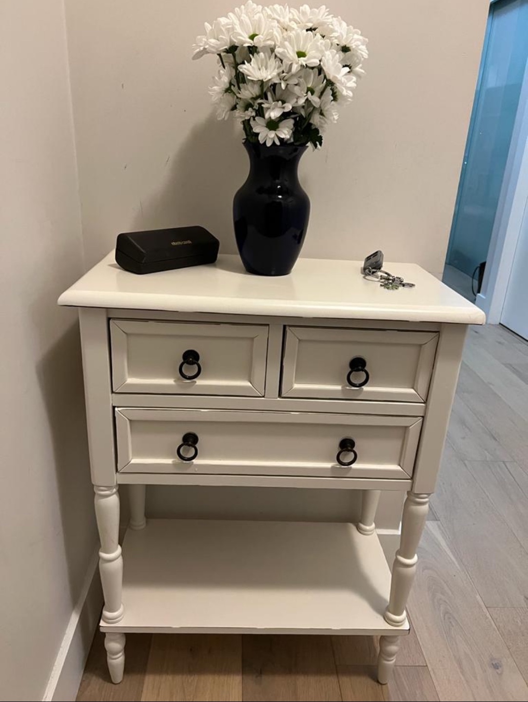 White Wooden Accent Table with Three Drawers
