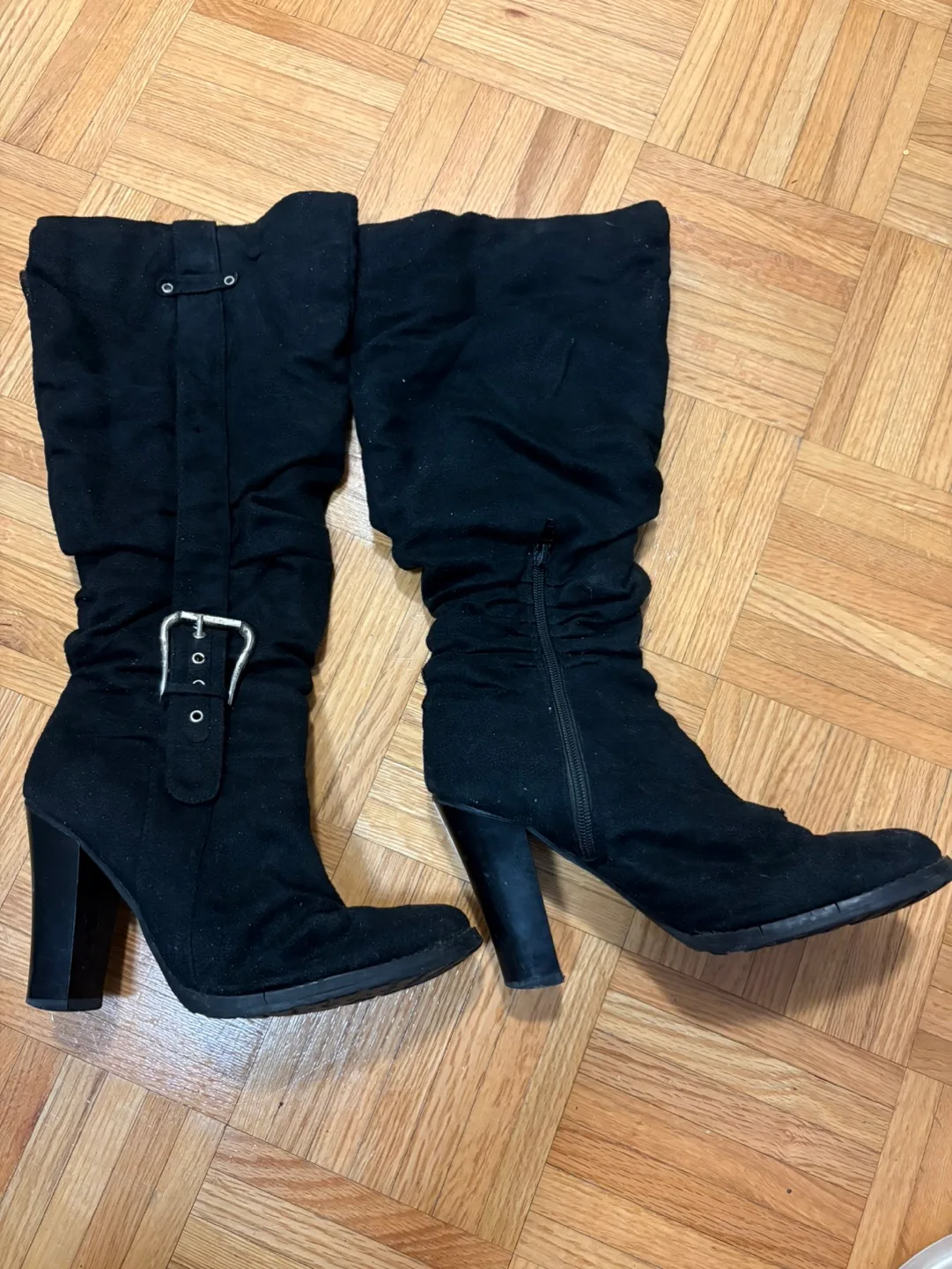 Black Suede Knee-High Buckle Boots image indicator(2)