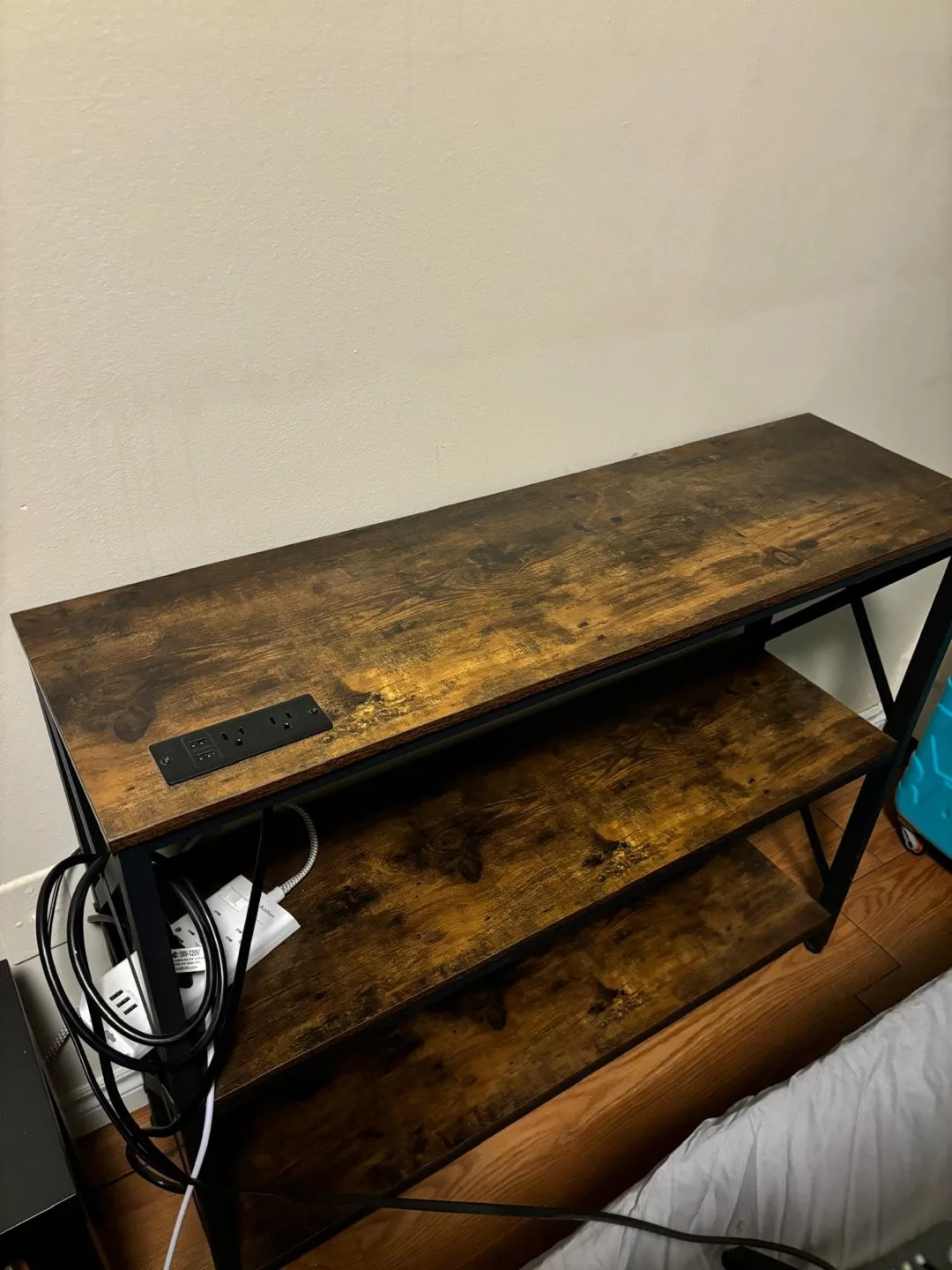 TV Unit - Rustic 3-Tier Shelving Unit with Built-in Power Strip thumbnail