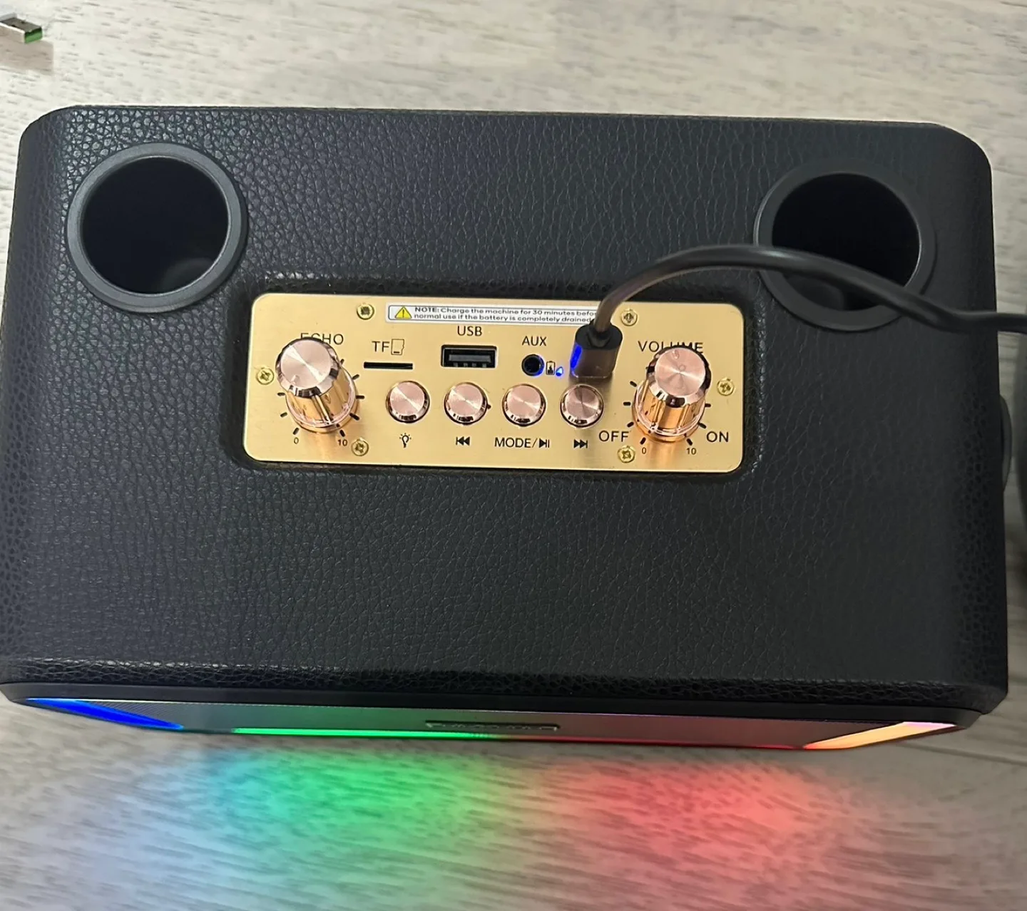 Karaoke Speaker with 2 Wireless Microphones and LED Lights image indicator(3)