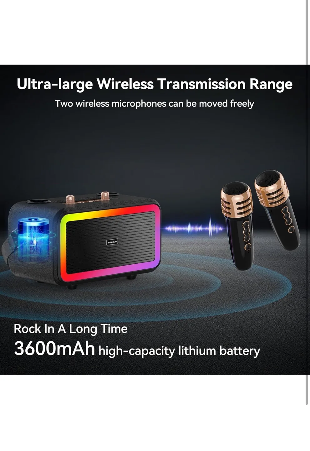 Karaoke Speaker with 2 Wireless Microphones and LED Lights image indicator(2)