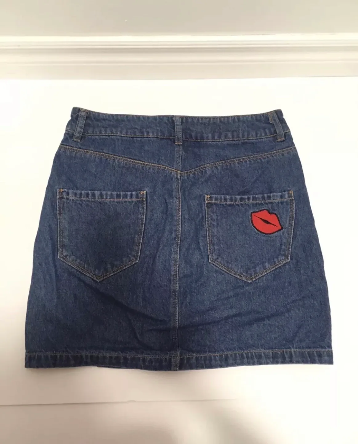 H&M women’s denim blue jean skirt size 6 embroidered rainbow image indicator(5)