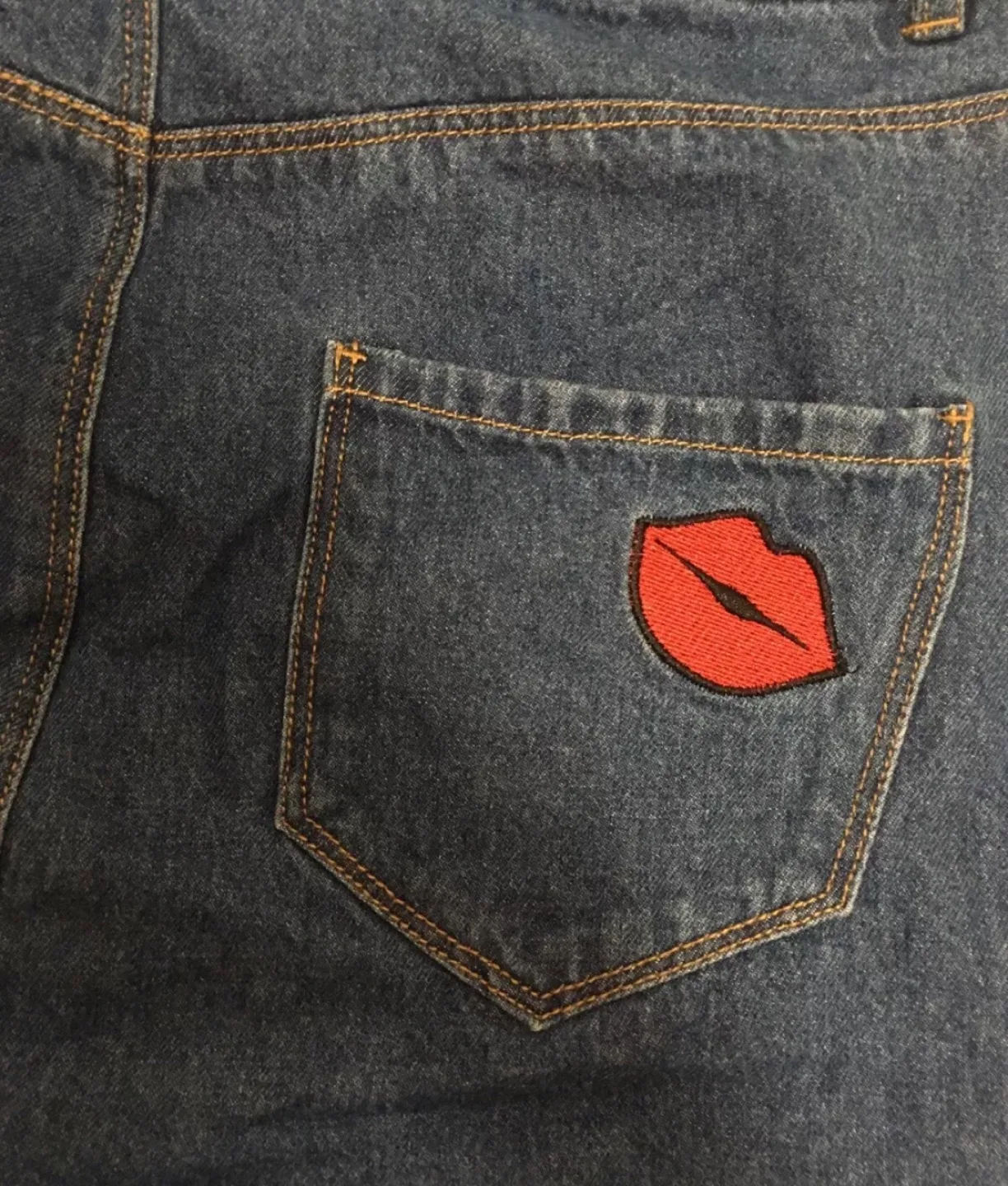 H&M women’s denim blue jean skirt size 6 embroidered rainbow image indicator(4)