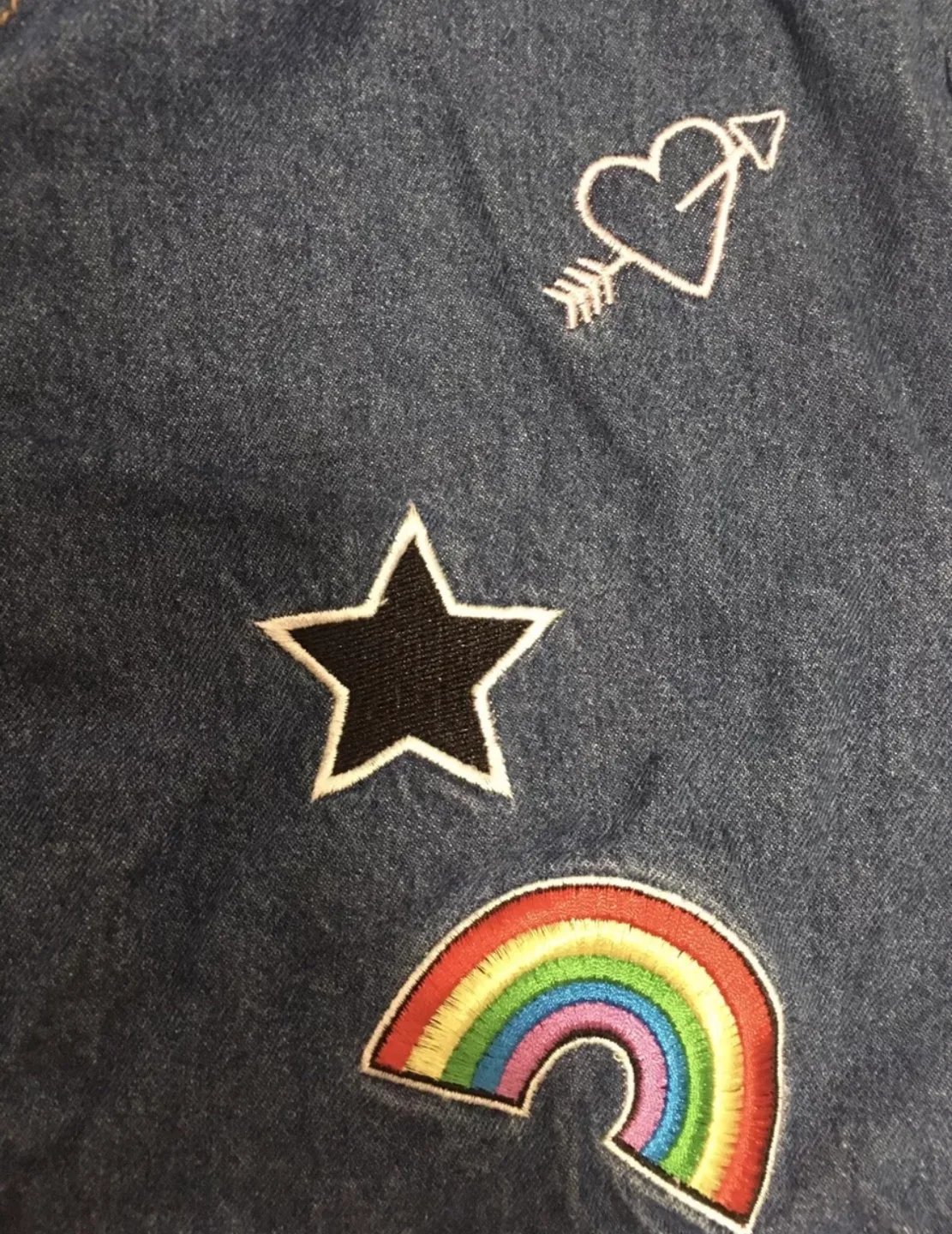 H&M women’s denim blue jean skirt size 6 embroidered rainbow image indicator(2)