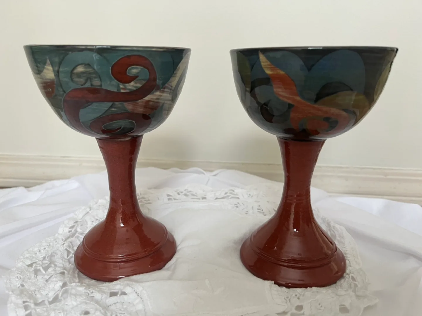 Pair of Hand-painted Ceramic Goblets image indicator(3)