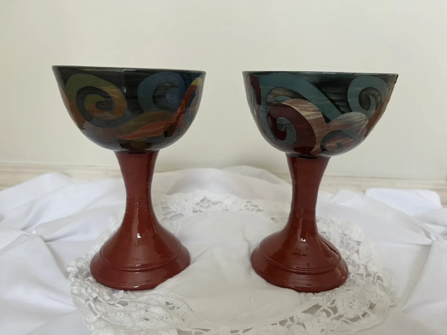 Pair of Hand-painted Ceramic Goblets image indicator(4)