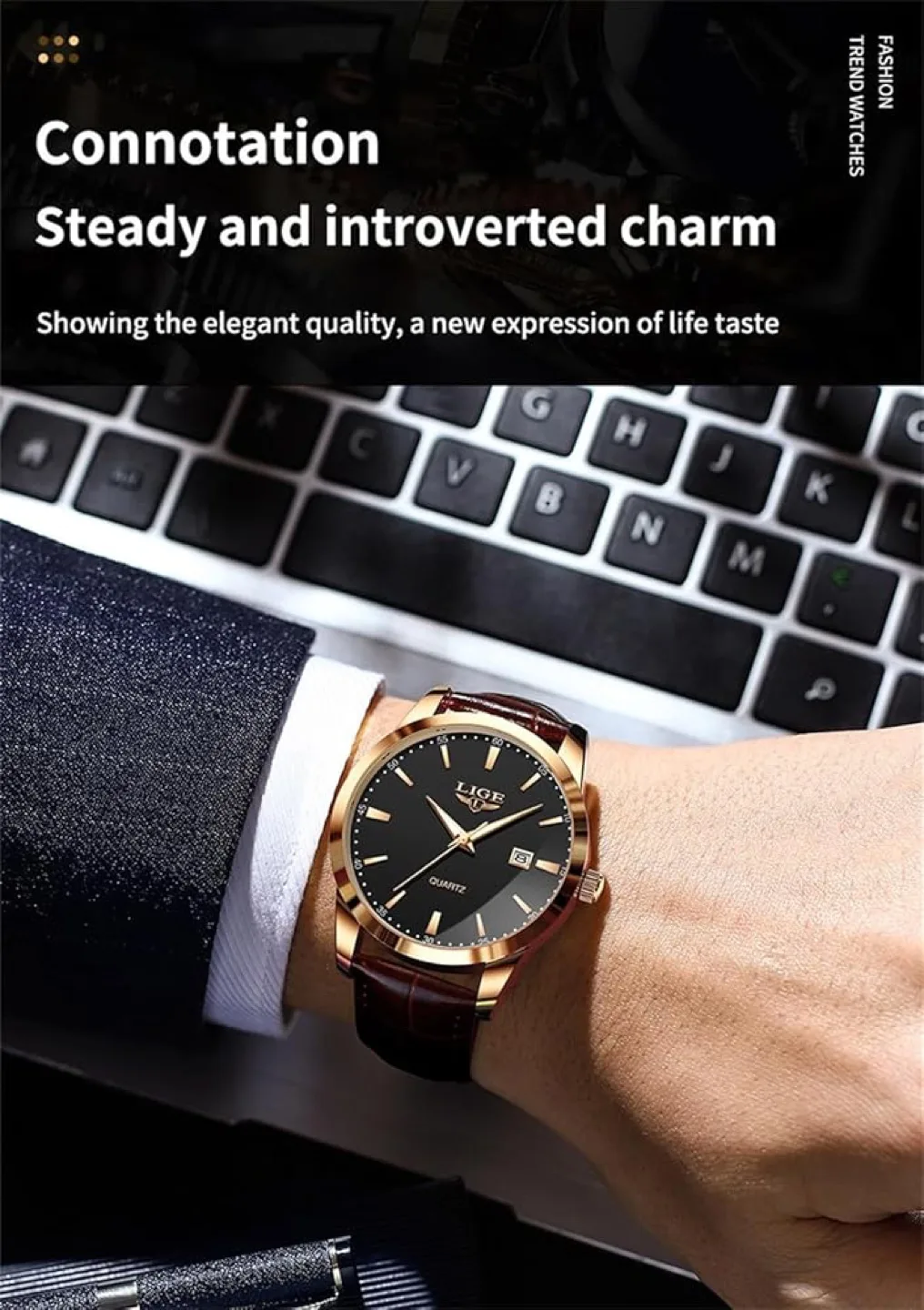 Men's LIGE Quartz Watch Brown Leather Band image indicator(3)