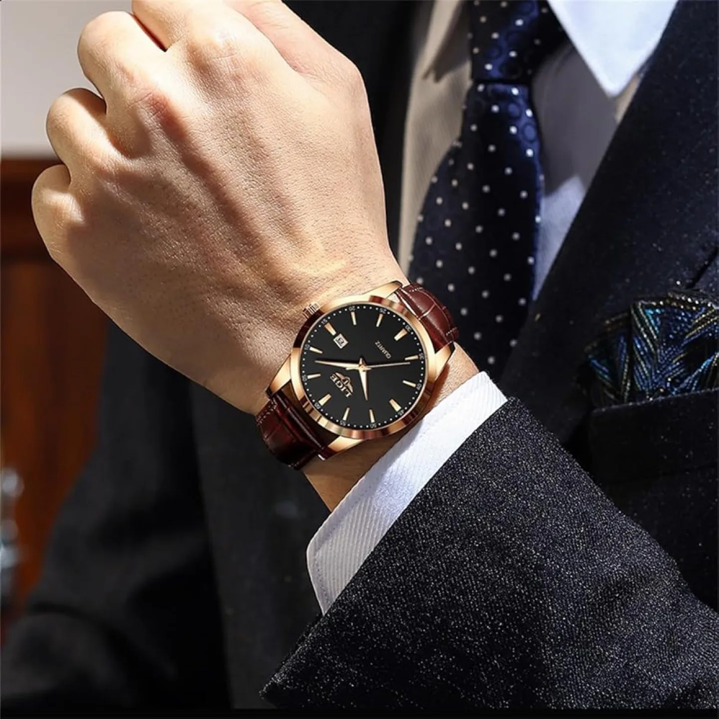 Men's LIGE Quartz Watch Brown Leather Band image indicator(4)