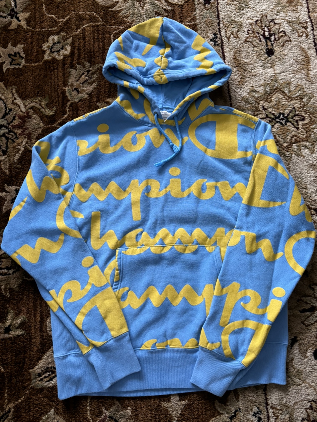 Champion Reverse Weave Hoodie - Blue Yellow Script Logo