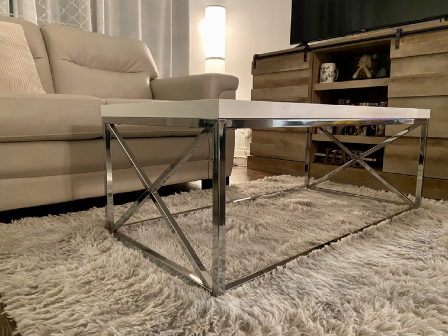 Modern White Coffee Table with Chrome Legs
