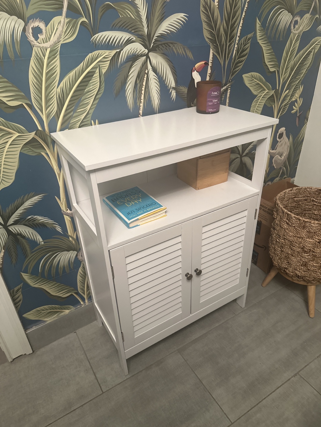 White Bathroom Cabinet with Louvered Doors