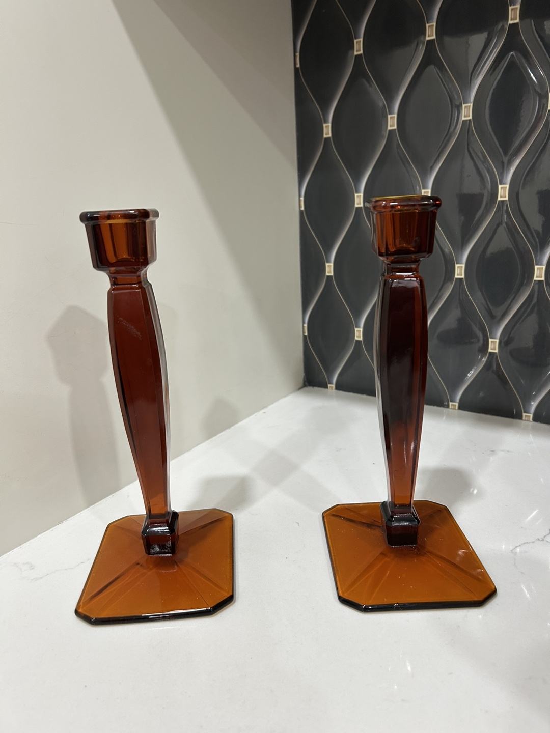 Pair of Amber Glass Candle Holders