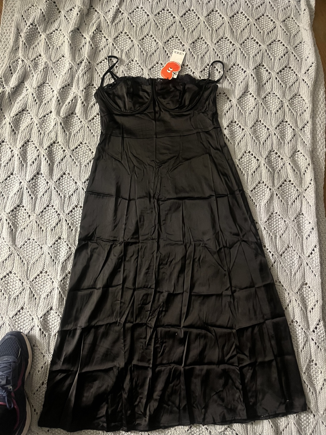 Black Satin Midi Slip Dress with Lace Detail - photo 4