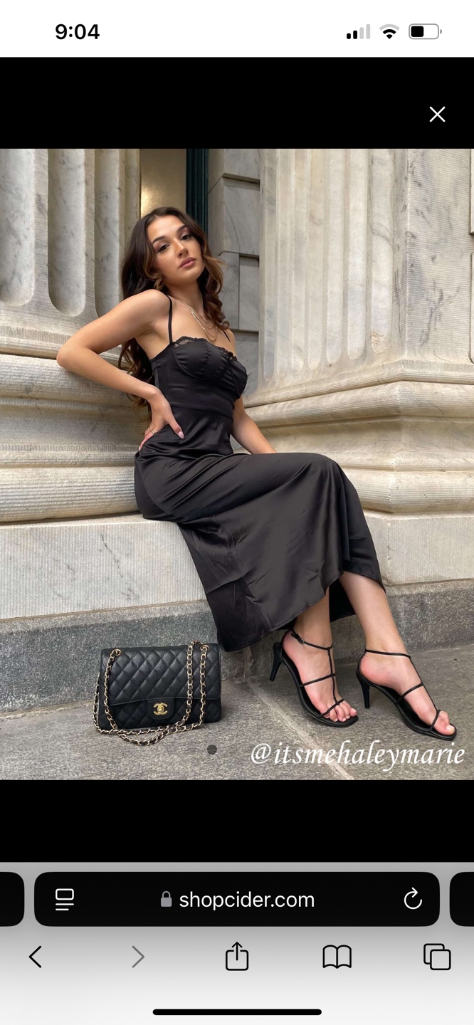 Black Satin Midi Slip Dress with Lace Detail