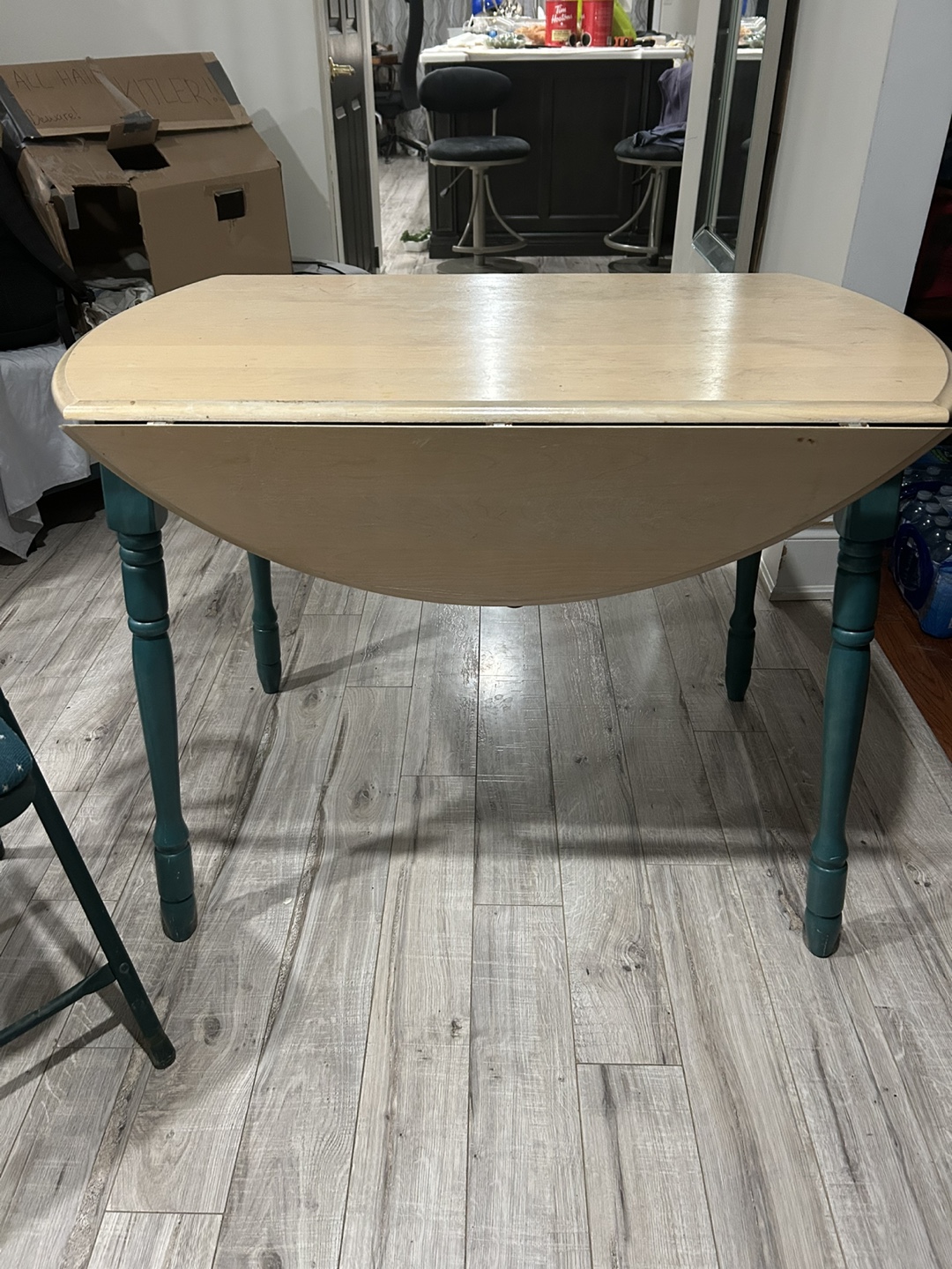 Round Drop-Leaf Table with Teal Legs and foldable chair - photo 2