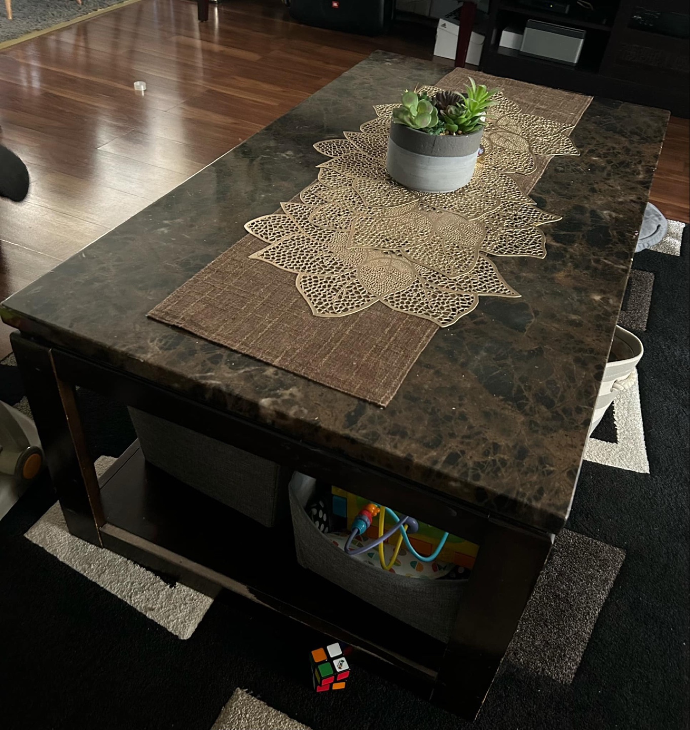 Dark Brown Marble-Top Coffee Table with Storage - photo 3