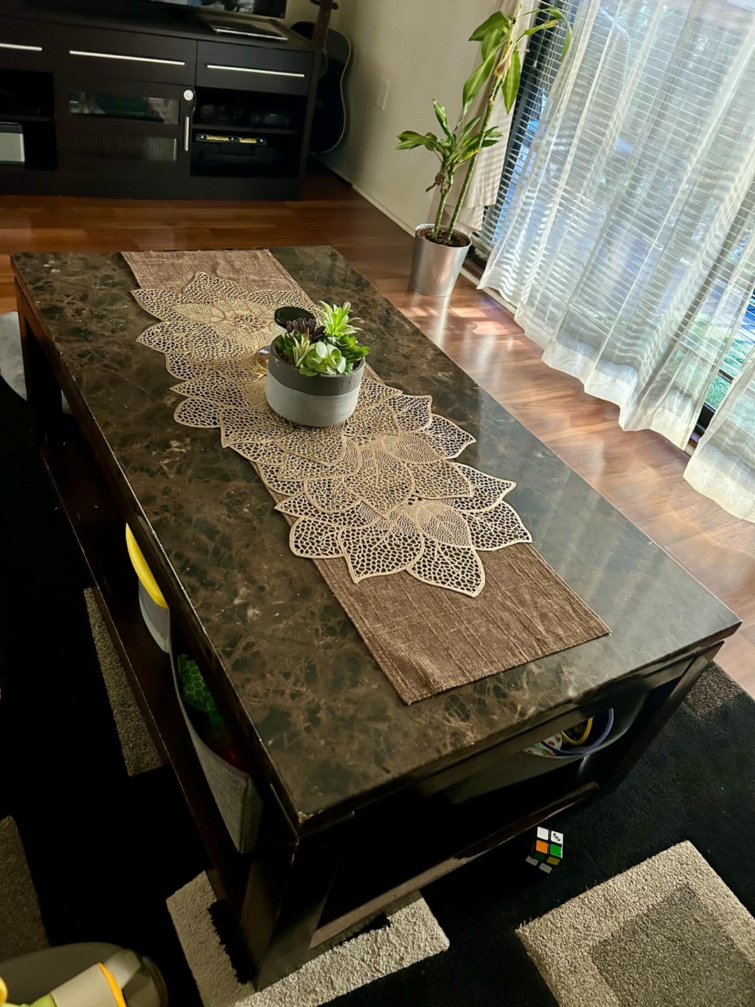 Dark Brown Marble-Top Coffee Table with Storage