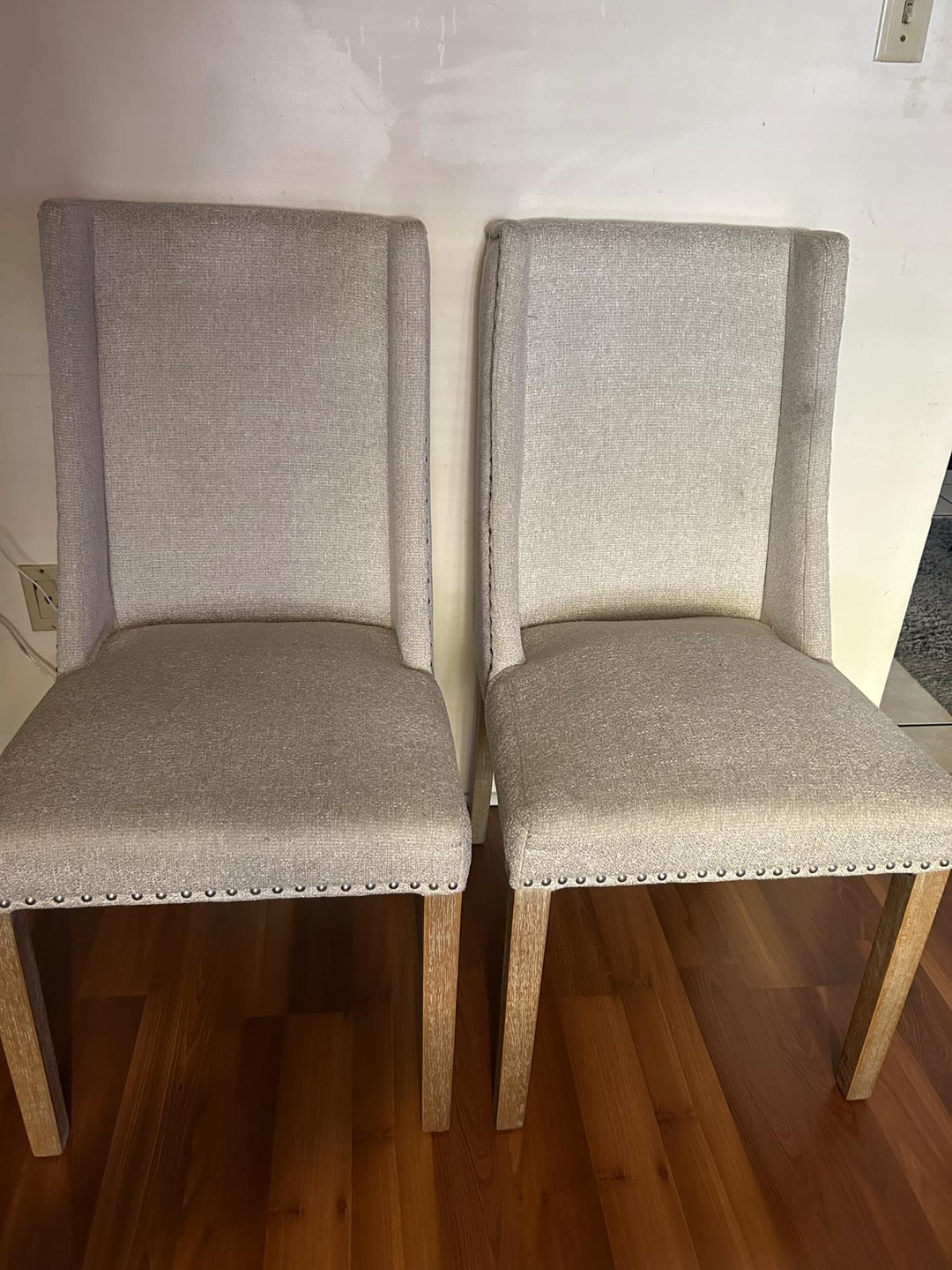 Pair of Grey Fabric Dining Chairs with Light Wood Legs - photo 2