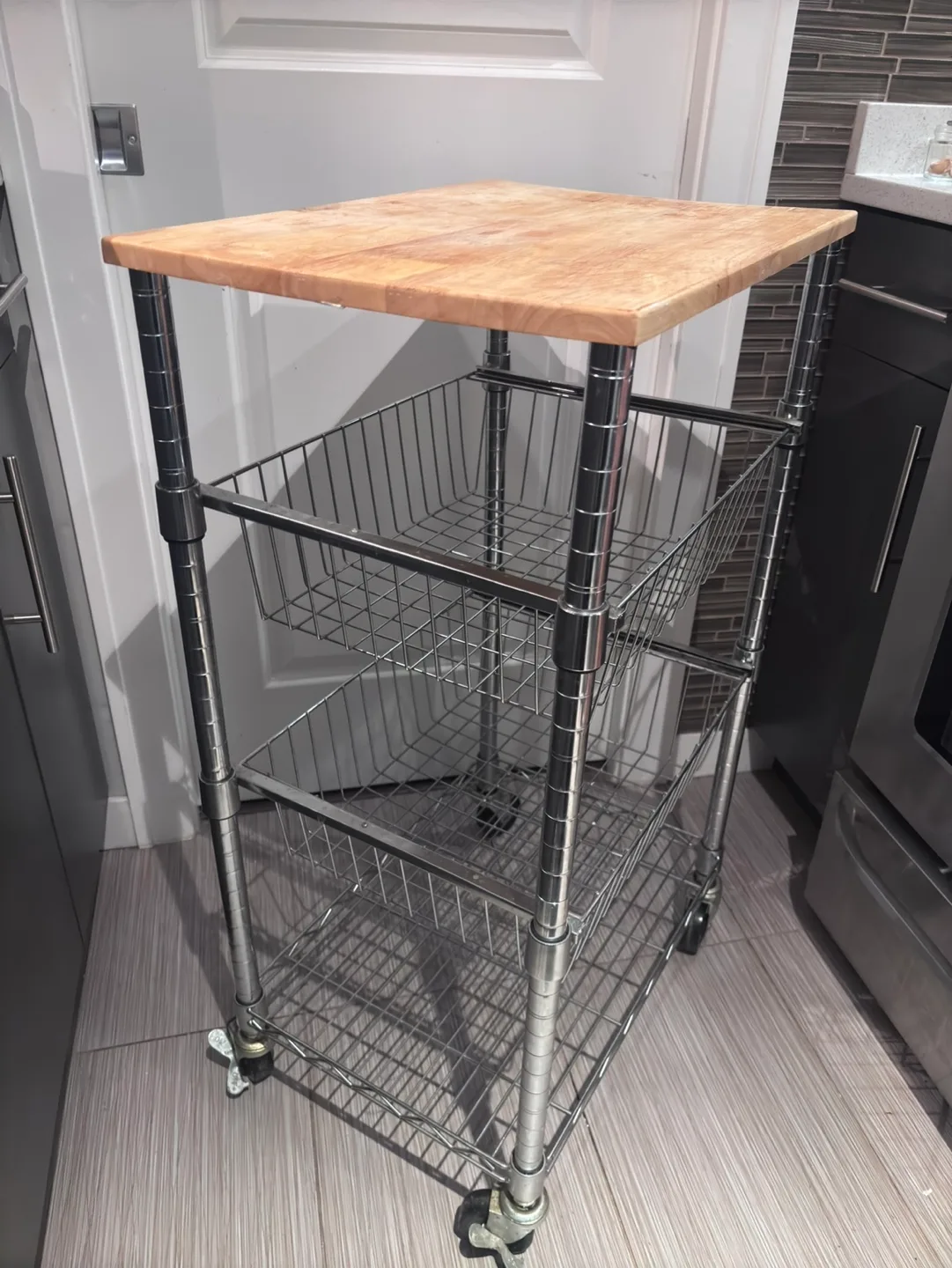 Chrome Kitchen Cart with Wood Top and Baskets image indicator(6)