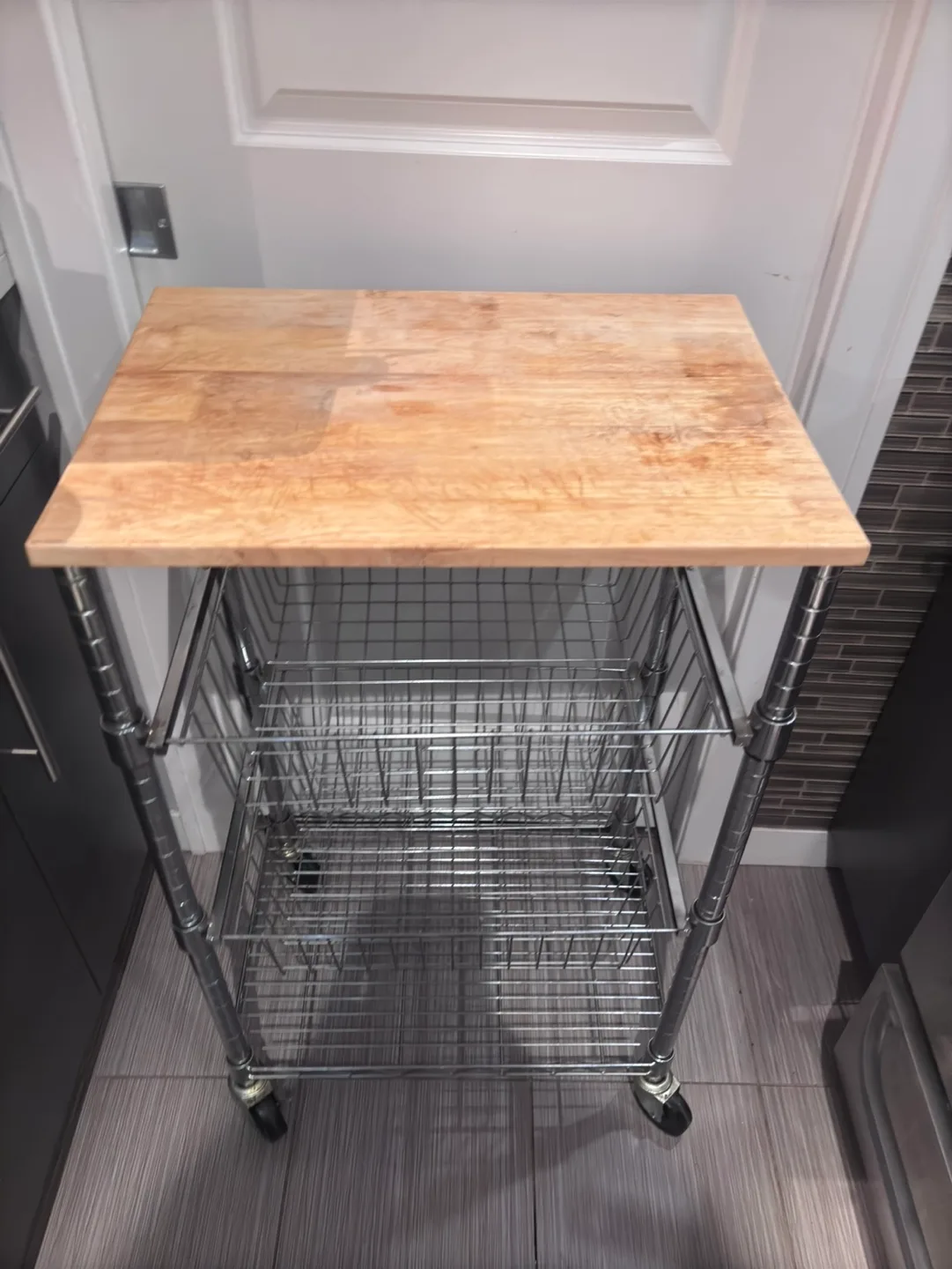 Chrome Kitchen Cart with Wood Top and Baskets image indicator(2)
