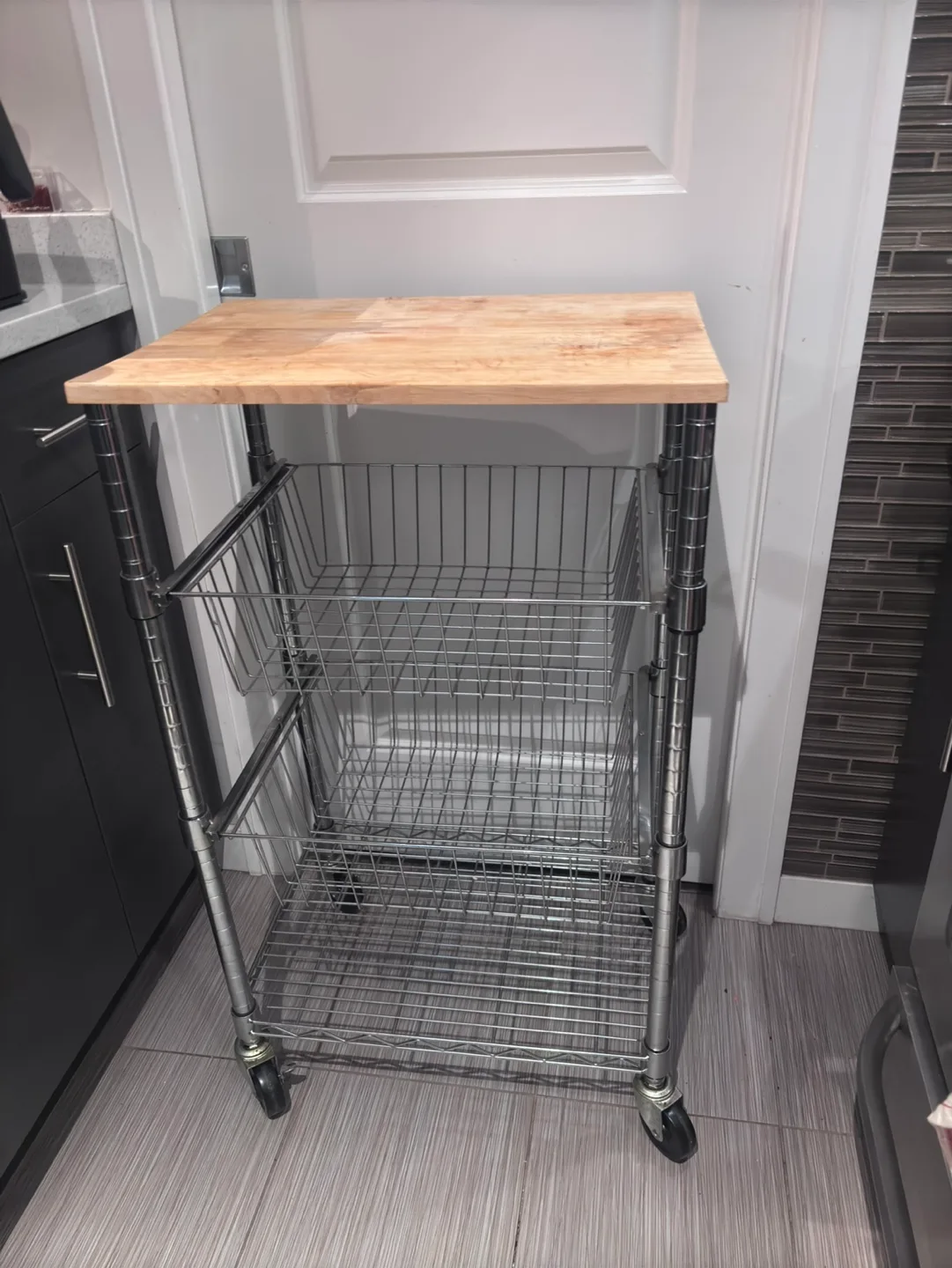 Chrome Kitchen Cart with Wood Top and Baskets image indicator(3)