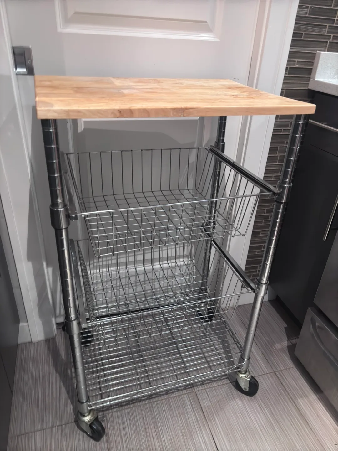 Chrome Kitchen Cart with Wood Top and Baskets image indicator(4)