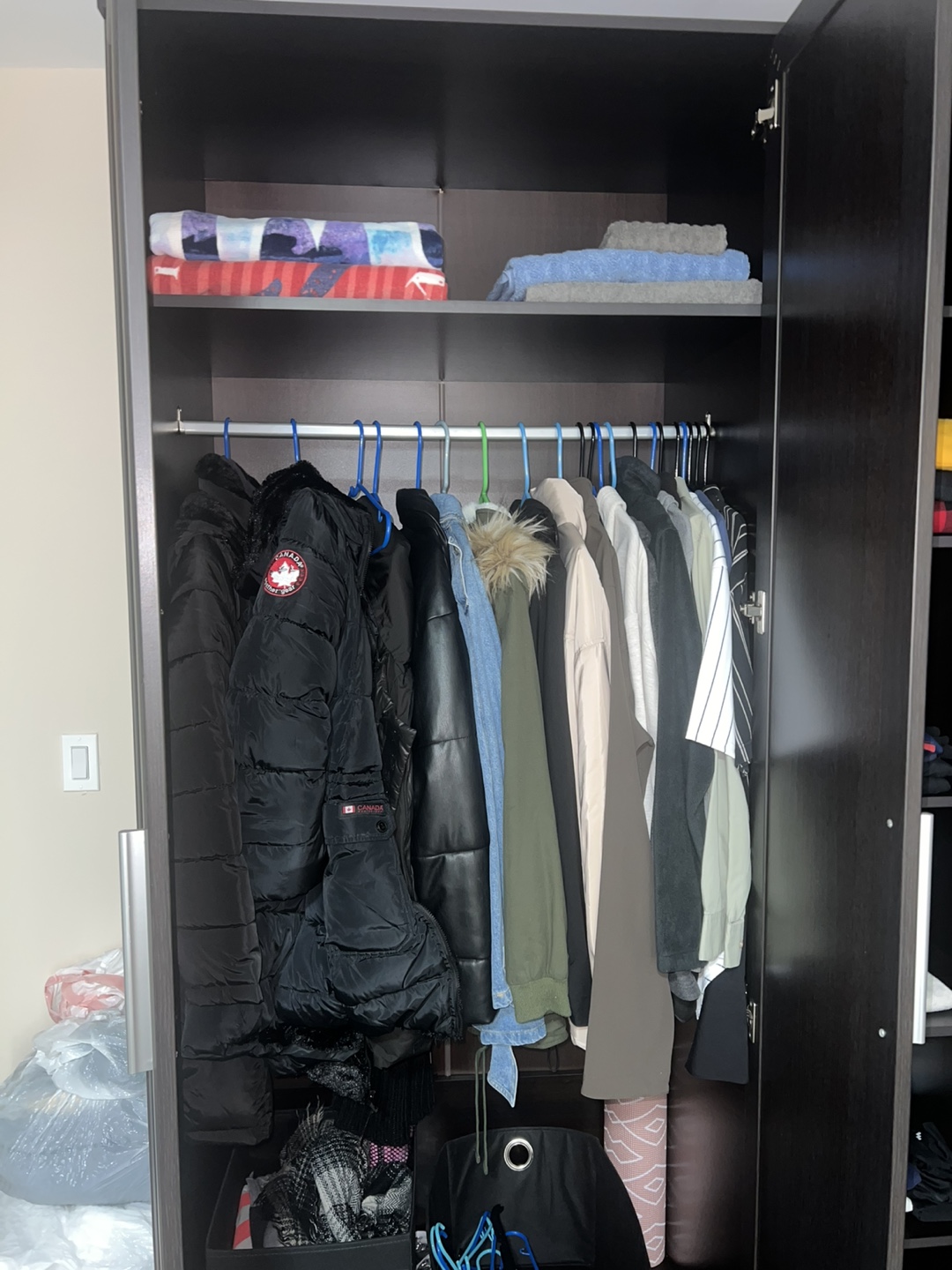 Dark Brown Wardrobe Closet with Shelves and Hanging Rod