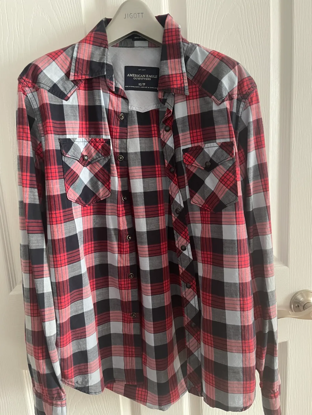 American Eagle Men's Red & Black Plaid Long Sleeve Shirt - XS/TP thumbnail