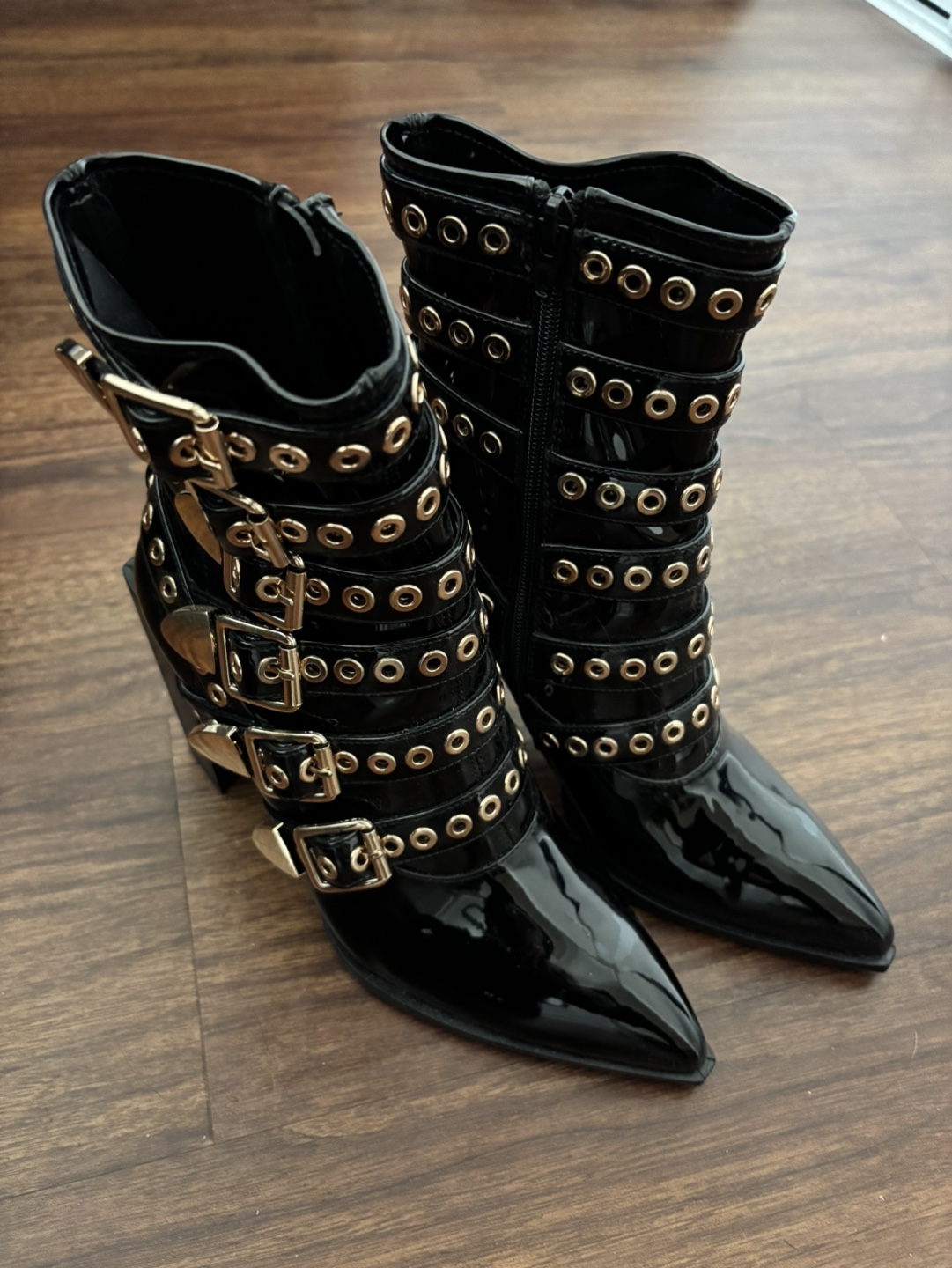 B2 Black Patent Leather Buckle Boots - Size 9 M