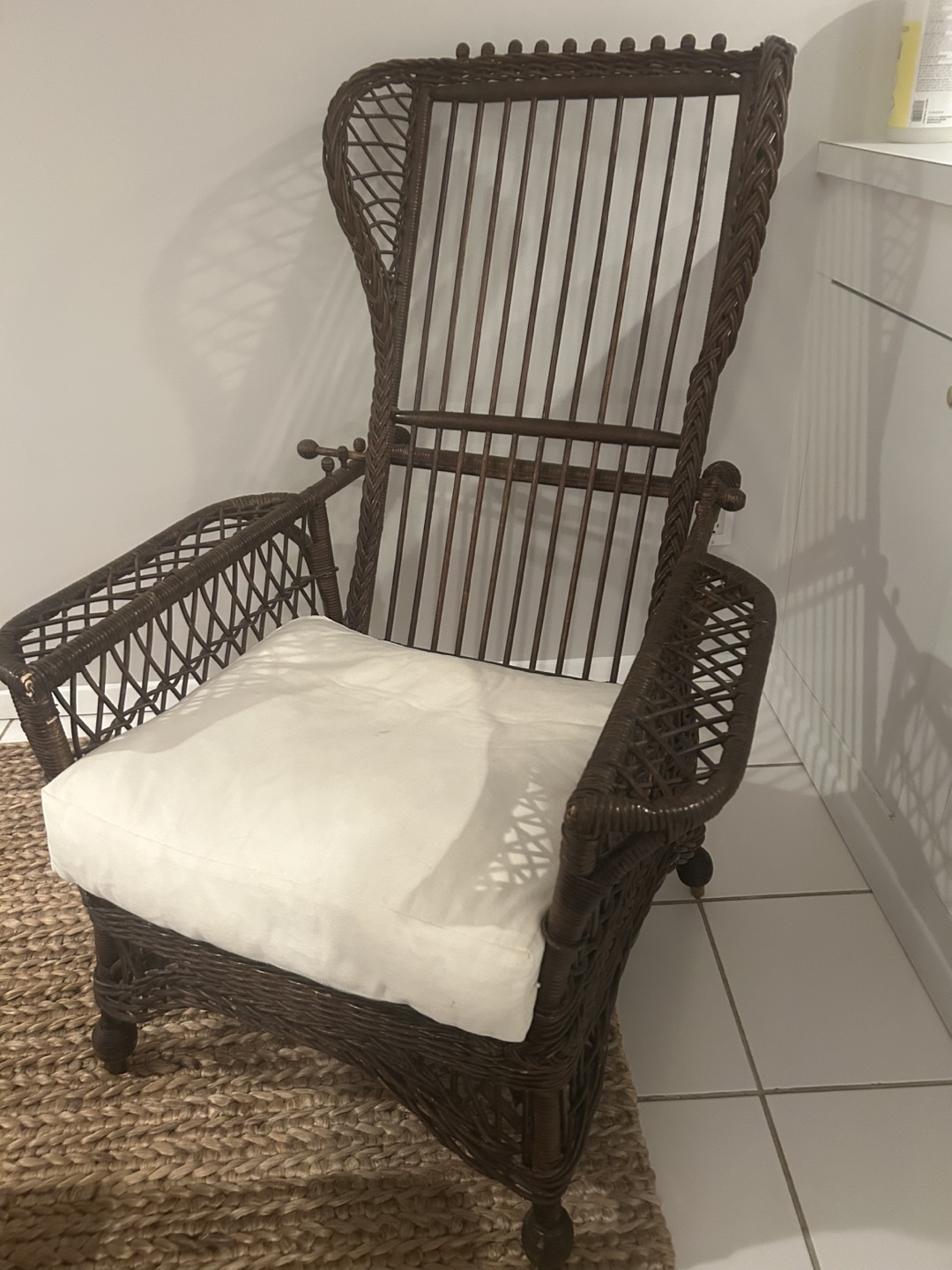 Antique Wicker High-Back Chair with Cushion - photo 4