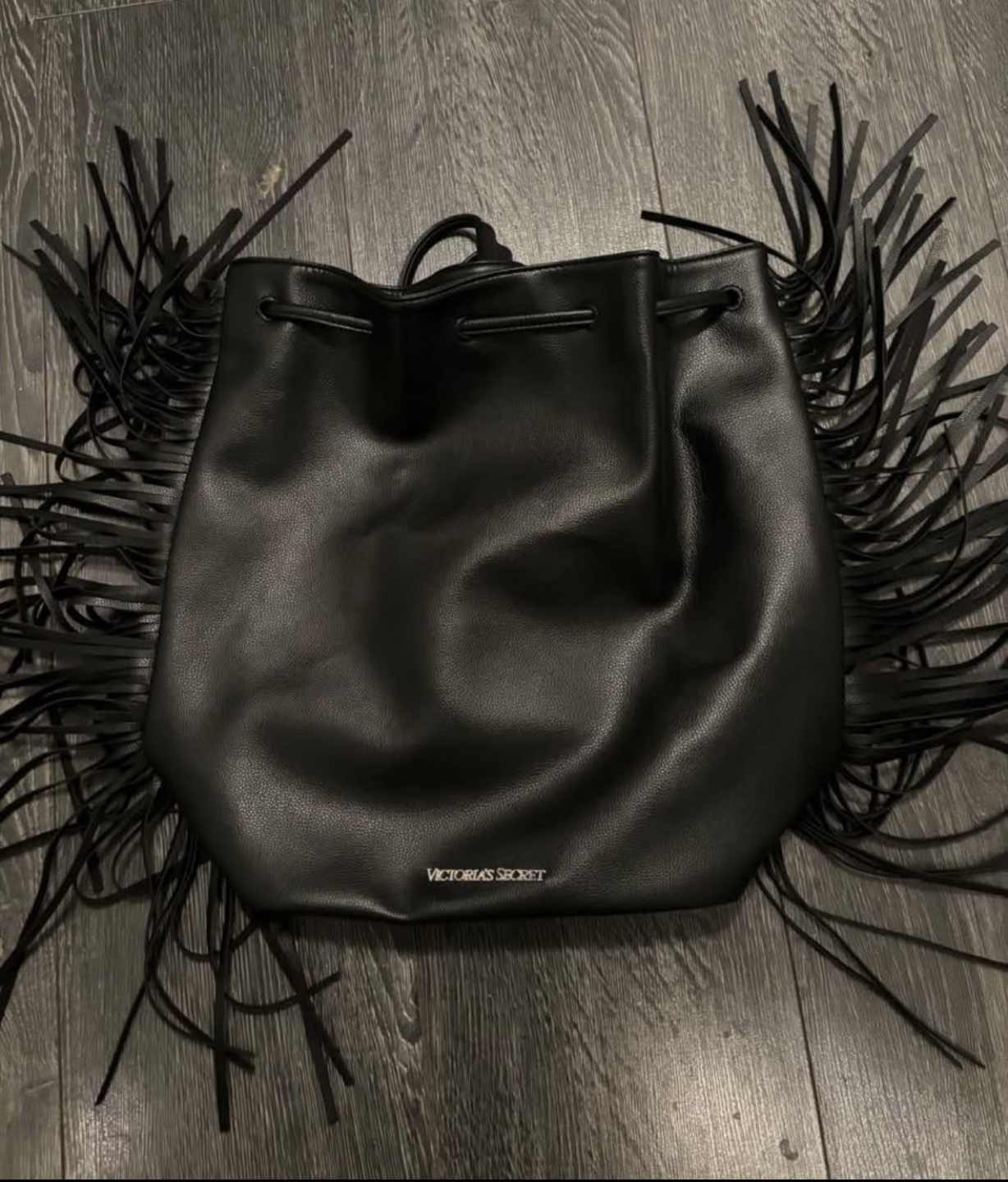 Victoria's Secret Black Fringe Drawstring Bucket Bag