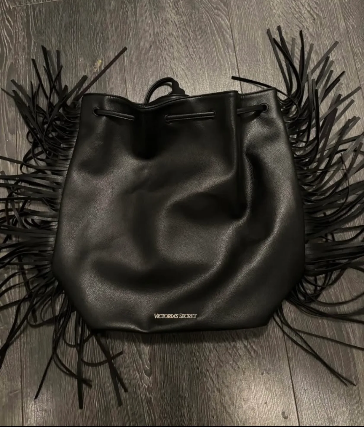Victoria's Secret Black Fringe Drawstring Bucket Bag thumbnail