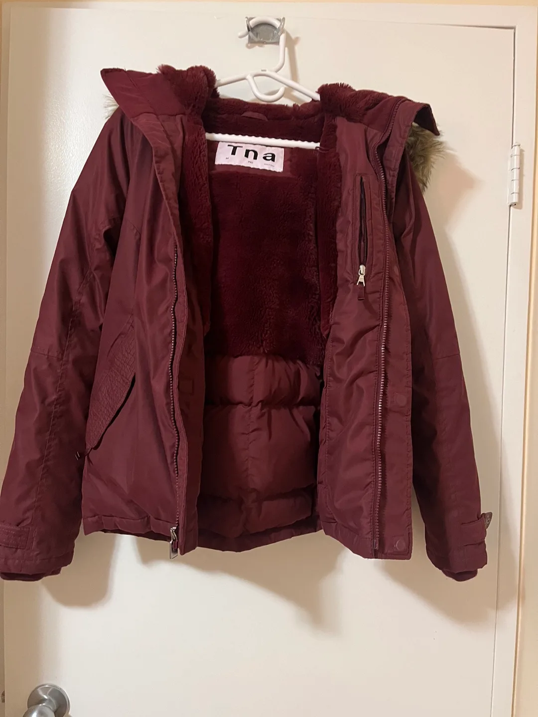 TNA Burgundy Down-Filled Parka with Faux Fur Trim Hood image indicator(2)