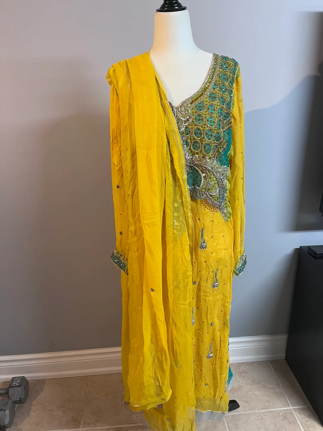 Gorgeous Yellow and Teal Embellished Shalwar Kameez image indicator(4)