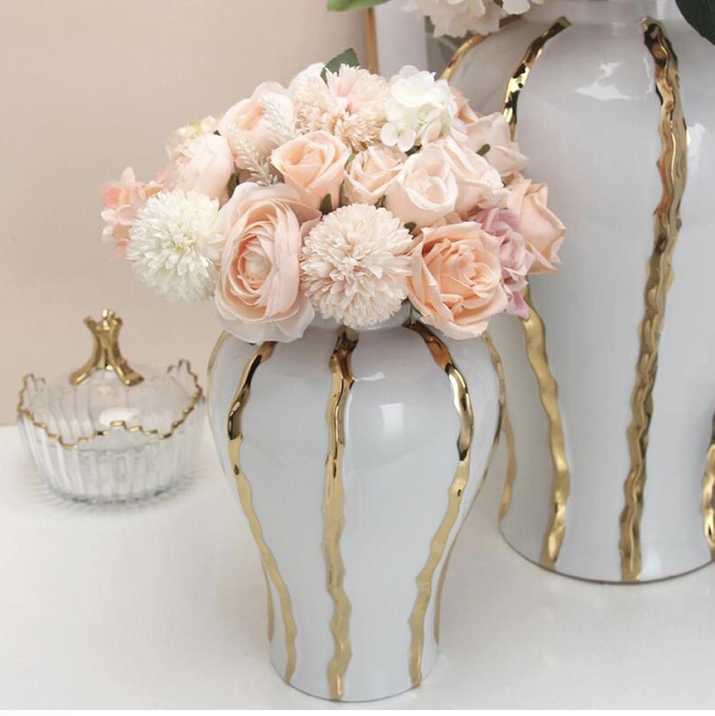 Elegant White and Gold Ceramic Jar with Lid