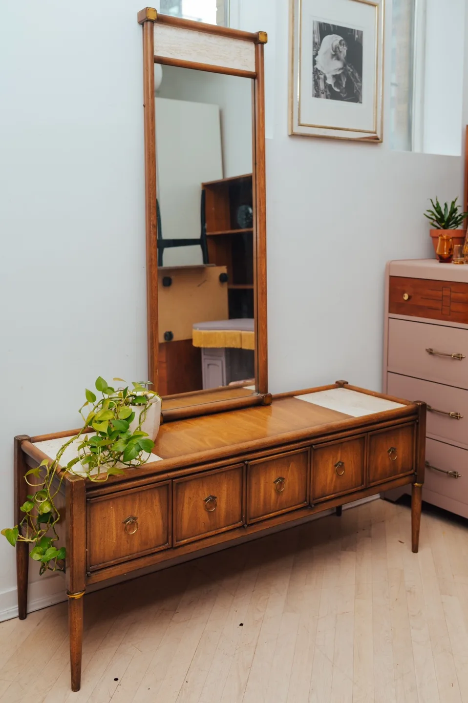 Midcentury Entryway Set / Dressing Table 🤎 ITALIAN TRAVERTINE thumbnail