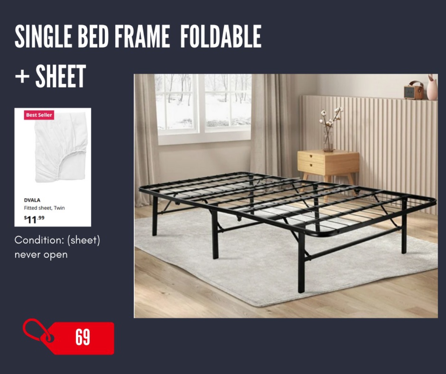 Foldable Single Bed Frame with Free Fitted Sheet
