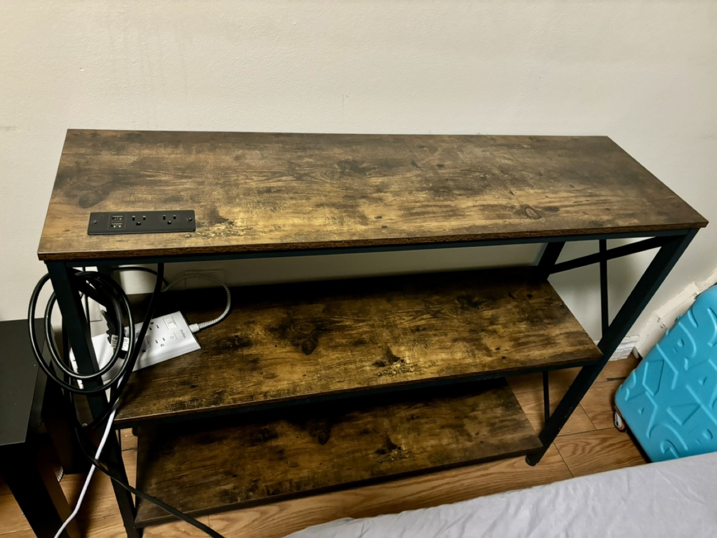 Rustic Brown 2-Shelf Console Table with Built-in Power Strip